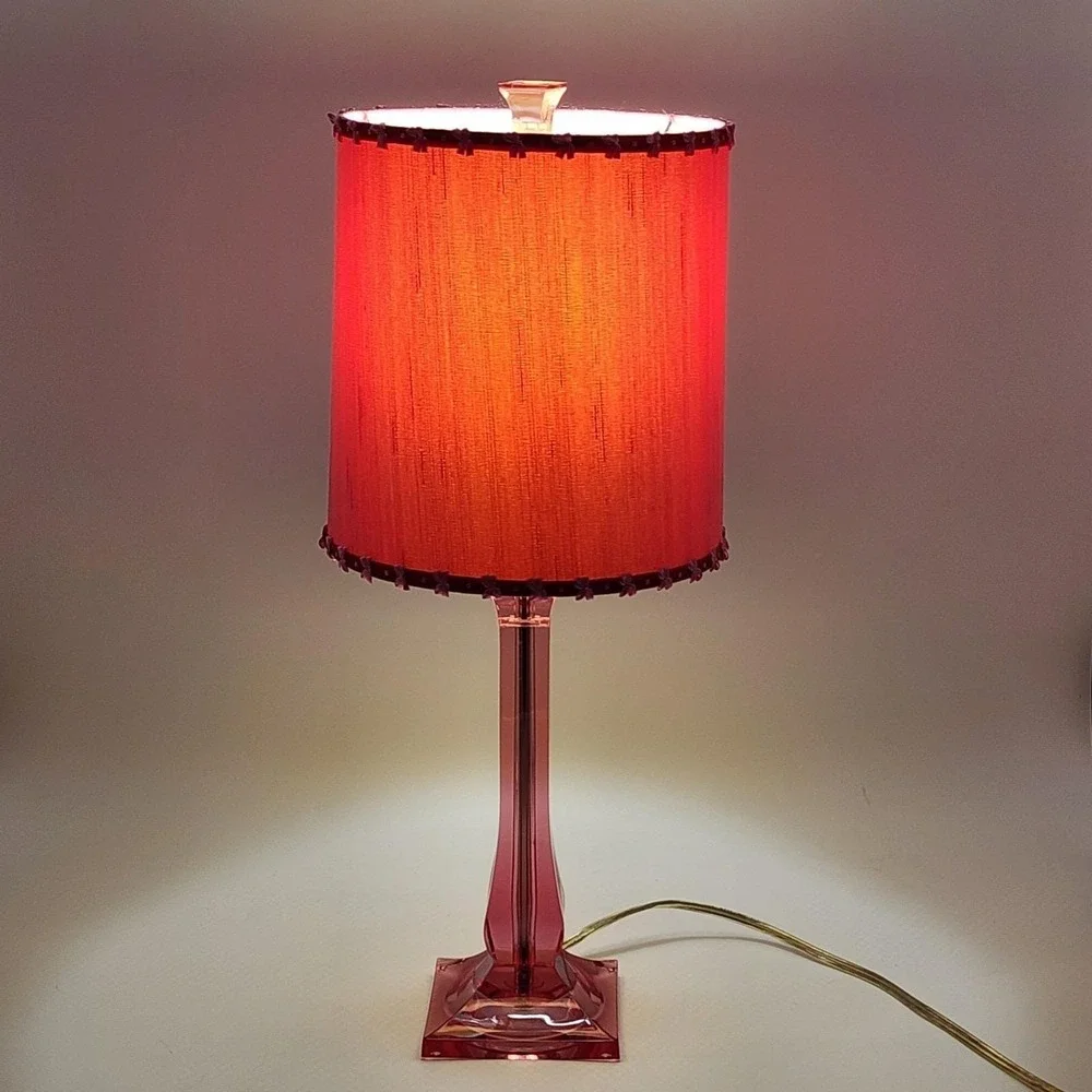 Vintage J Alexander Jewel Pink Clear Acrylic Table Lamp Bow Gold Bead Shade Rare